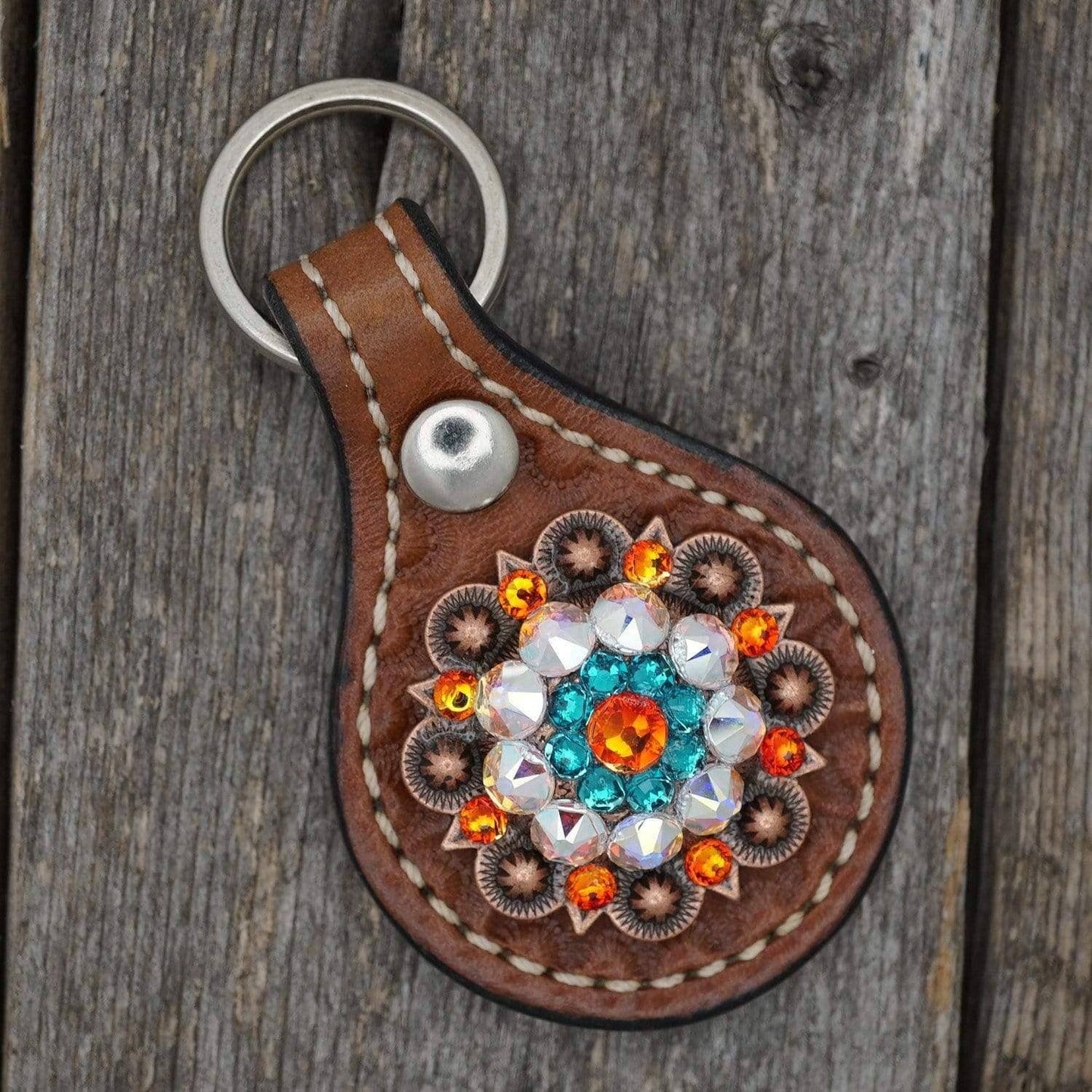 Leather Key Chain with Orange European Crystal Concho