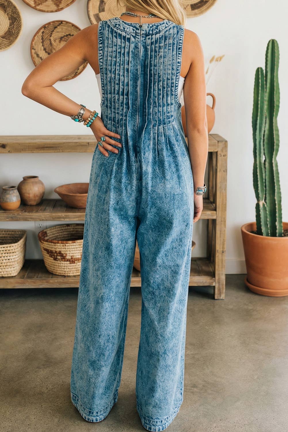 Tie Neck Pintuck Wide Leg Jumpsuit