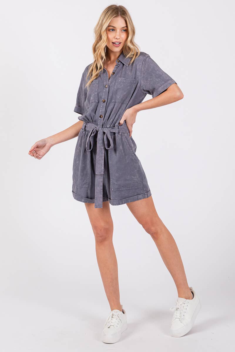 MINERAL WASHED TIE WAIST OVERALL ROMPER