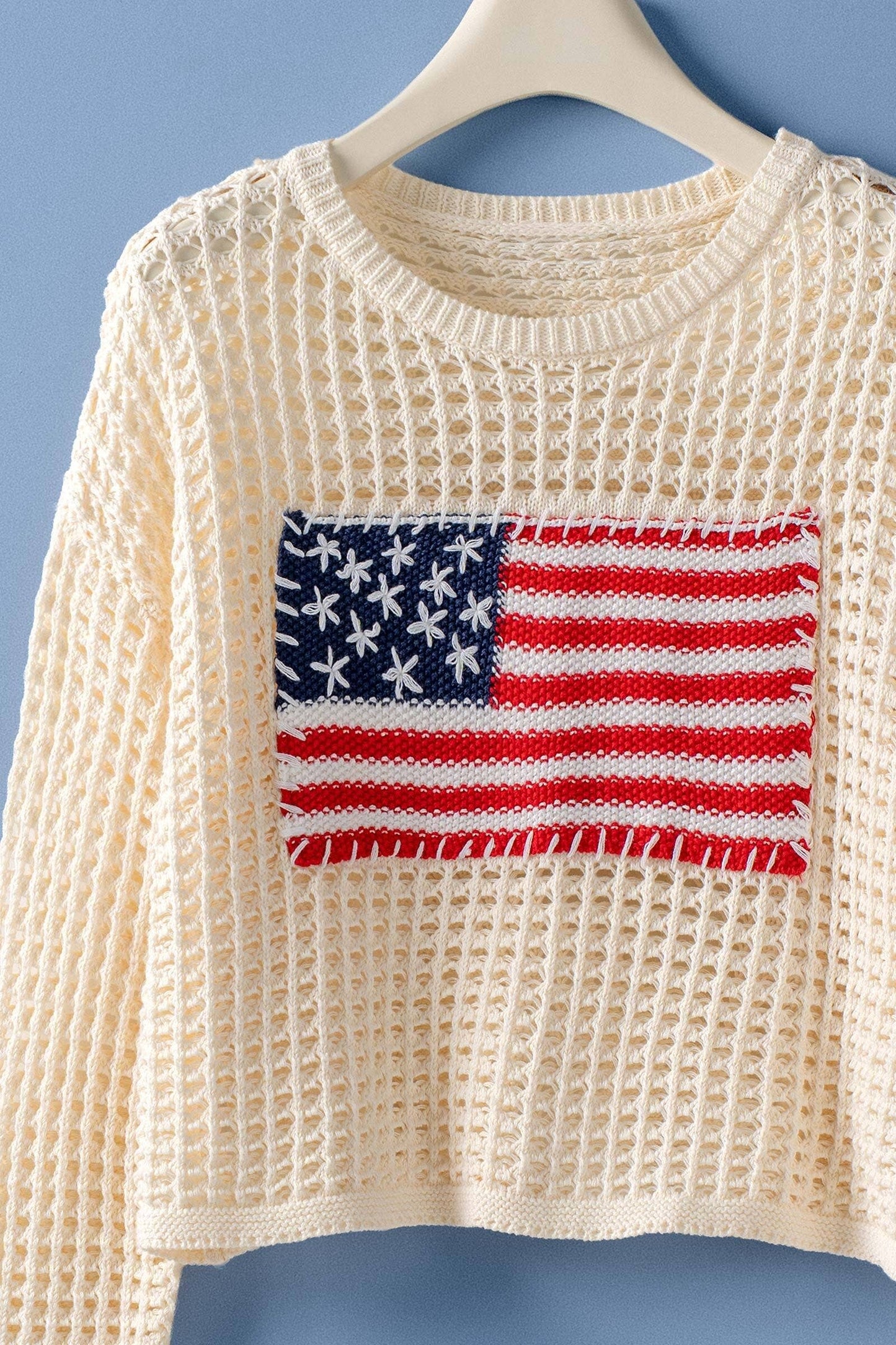 American Flag Patch Open Knit Cotton Sweater