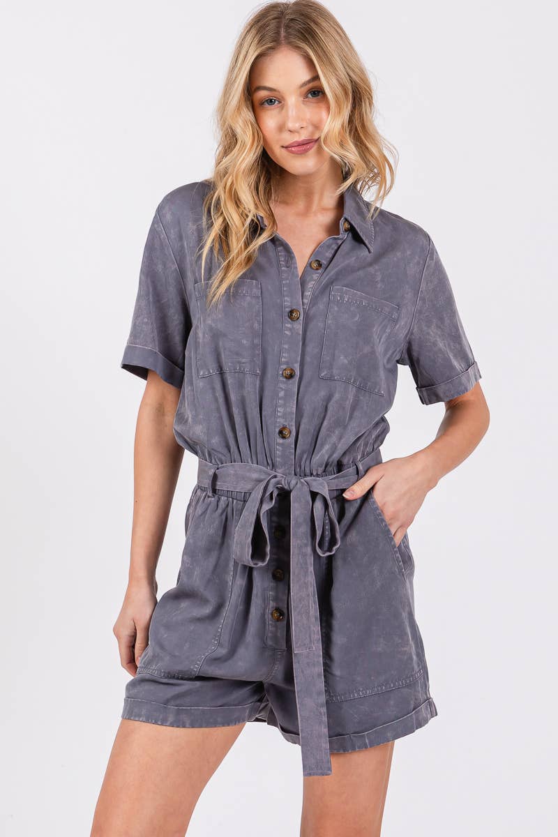 MINERAL WASHED TIE WAIST OVERALL ROMPER