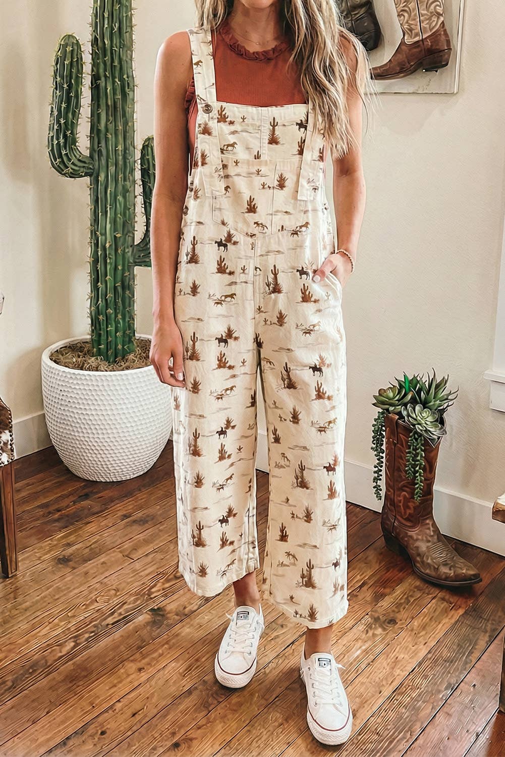 Western Button Adjustable Straps Loose Overall Jumpsuit