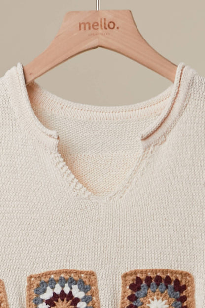 Granny Square Cropped Sweater with Stripes