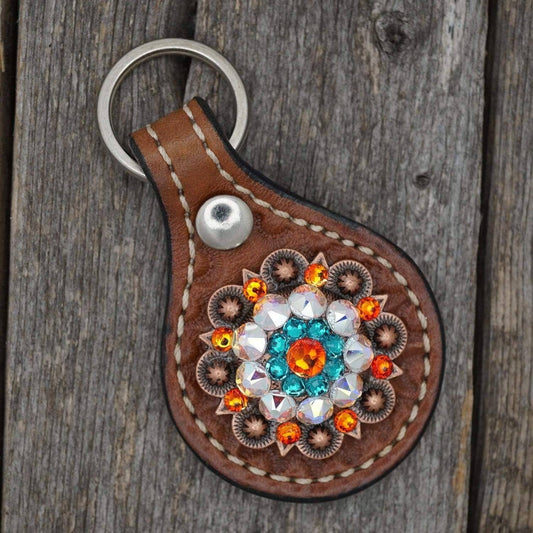 Leather Key Chain with Orange European Crystal Concho