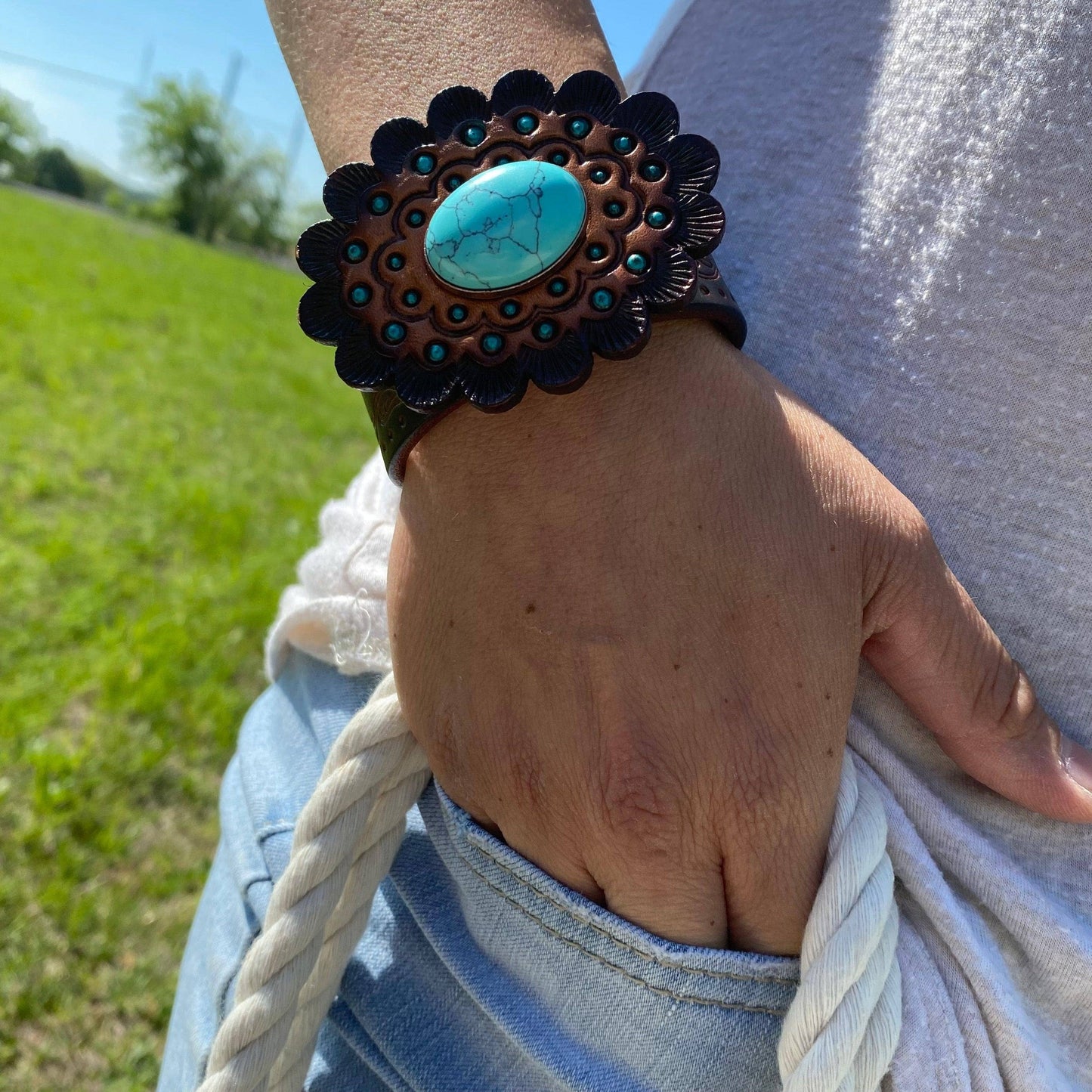 Leather Rosette and Cabochon Leather Bracelet