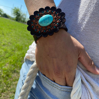 Leather Rosette and Cabochon Leather Bracelet