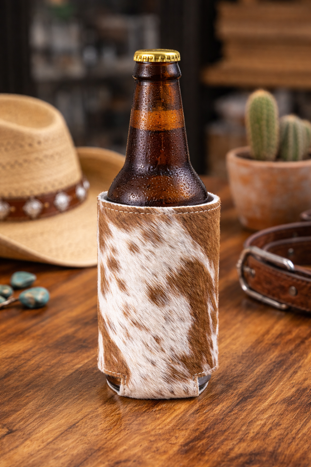 Slim can all cowhide Koozie 