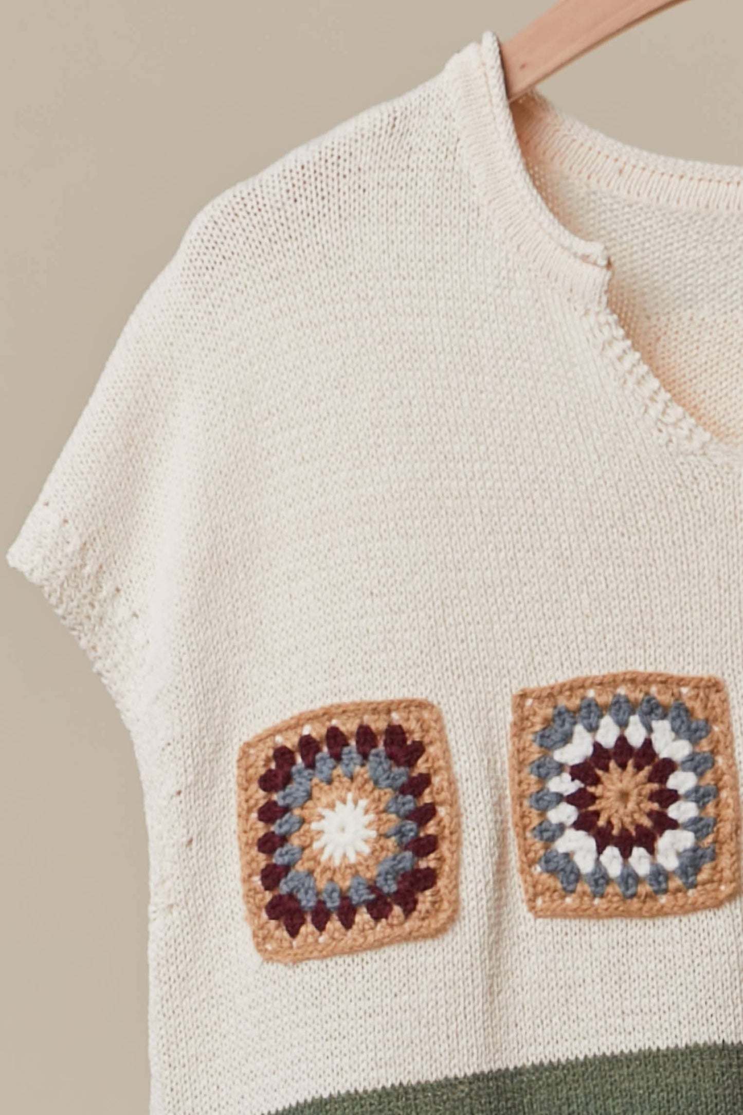 Granny Square Cropped Sweater with Stripes