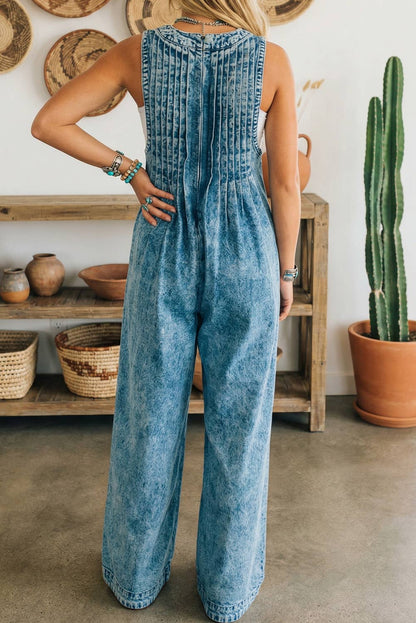 Tie Neck Pintuck Wide Leg Jumpsuit
