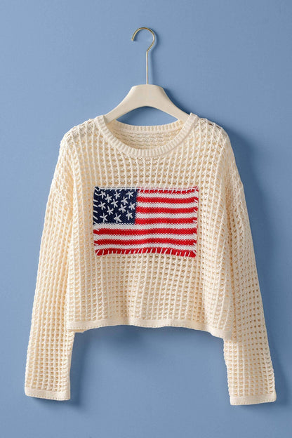 American Flag Patch Open Knit Cotton Sweater