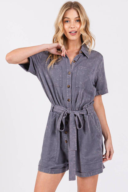 MINERAL WASHED TIE WAIST OVERALL ROMPER