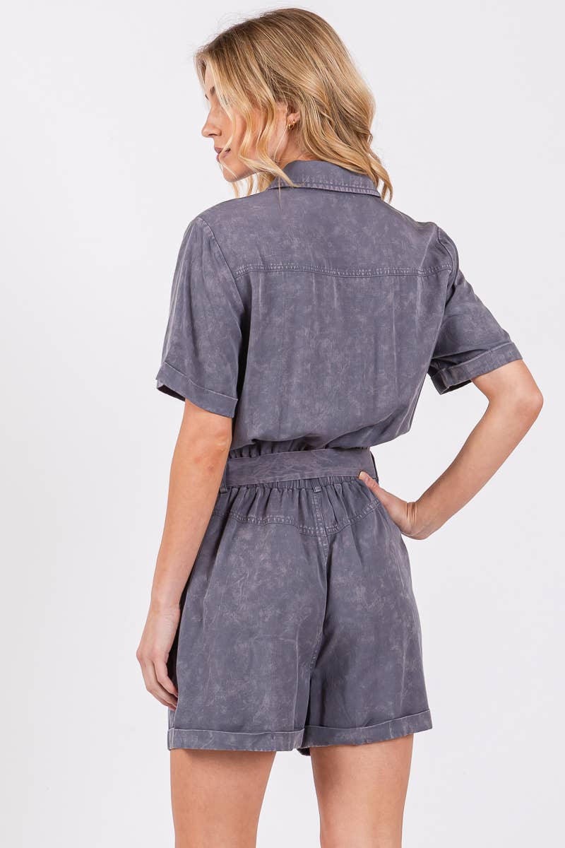 MINERAL WASHED TIE WAIST OVERALL ROMPER