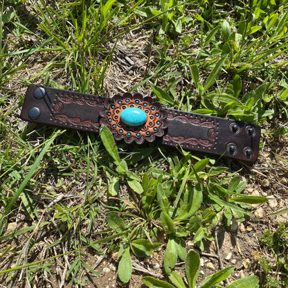 Leather Rosette and Cabochon Leather Bracelet