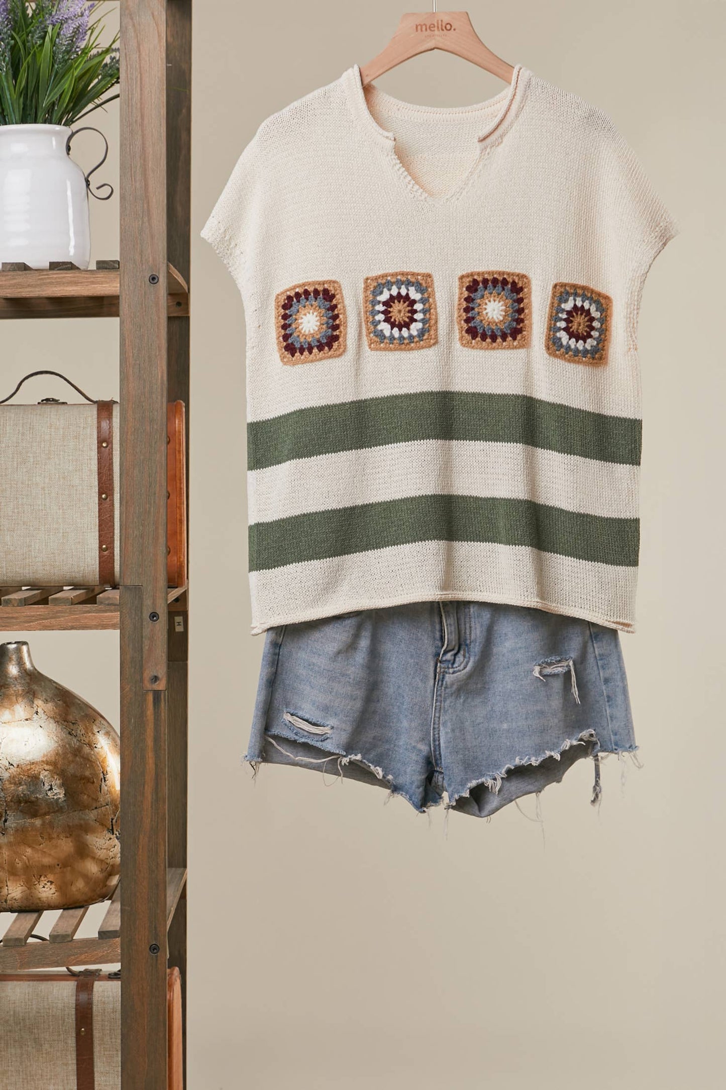 Granny Square Cropped Sweater with Stripes