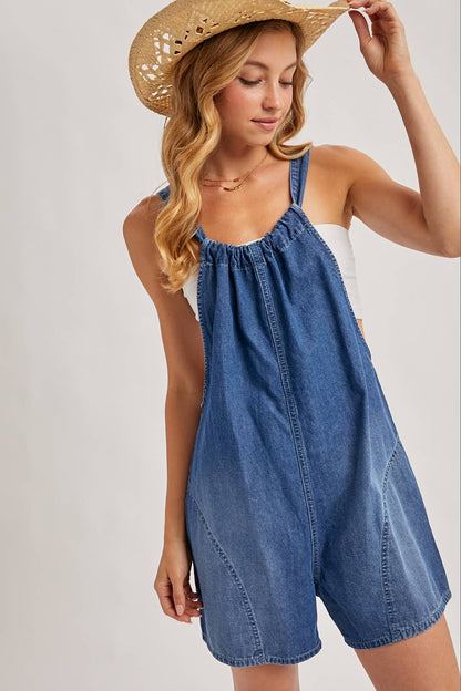DENIM WASHED SHORTALLS ROMPER