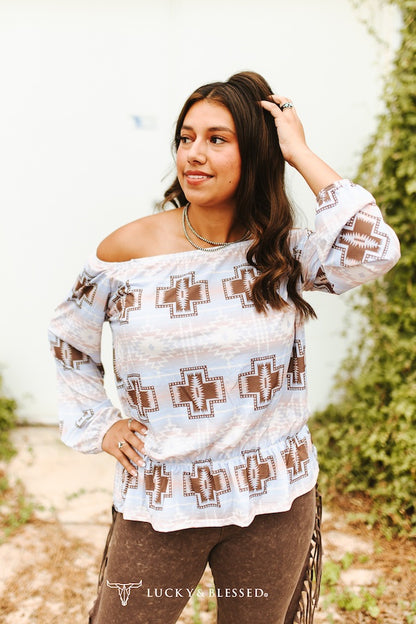 Light Blue Aztec Off Shoulder Loose Puff Long Sleeve Blouse