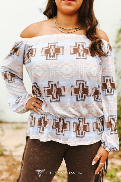 Light Blue Aztec Off Shoulder Loose Puff Long Sleeve Blouse