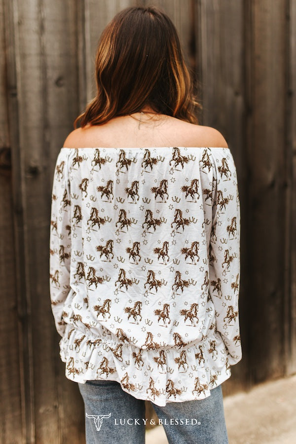 Bege Horse Off Shoulder Loose Puff Long Sleeve Blouse