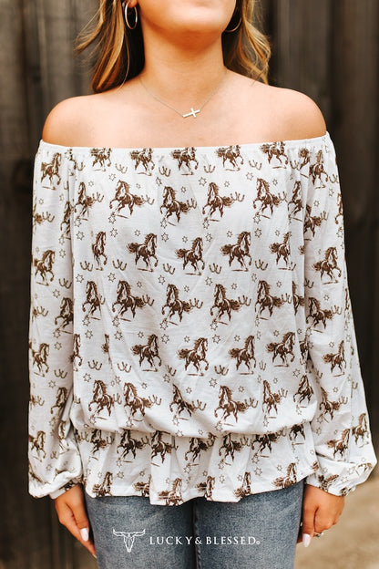 Bege Horse Off Shoulder Loose Puff Long Sleeve Blouse