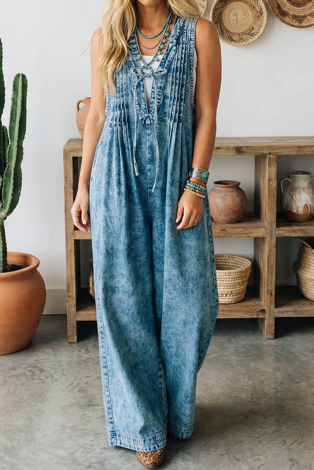 Tie Neck Pintuck Wide Leg Jumpsuit