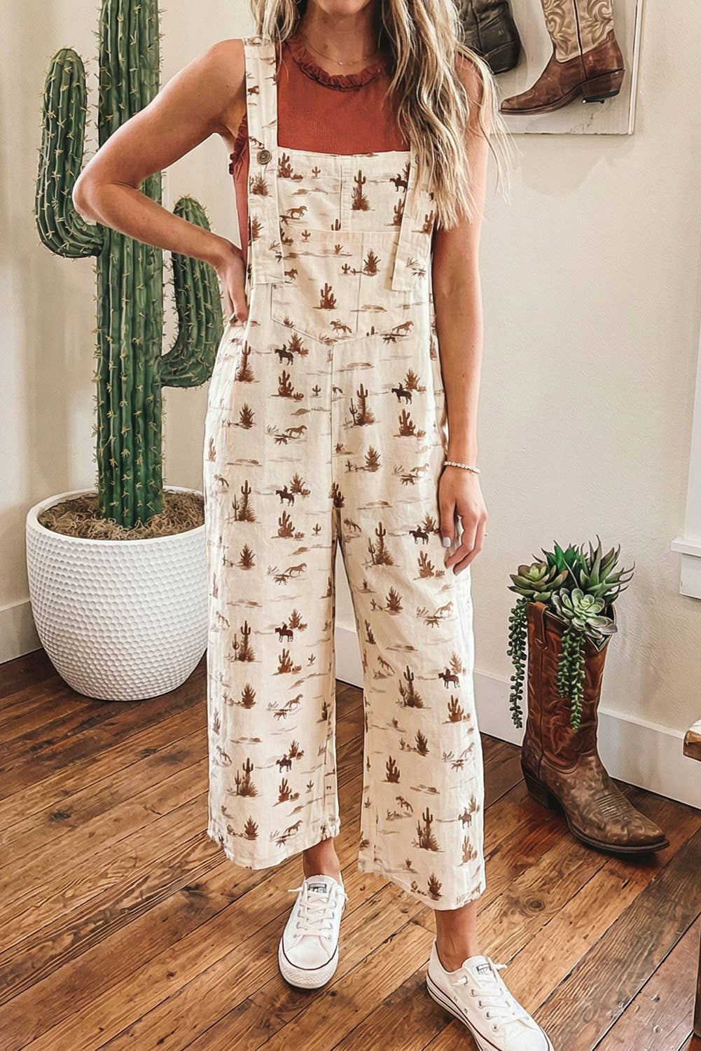 Western Button Adjustable Straps Loose Overall Jumpsuit