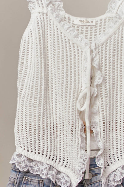 White Lace Trim Sleeveless Knit Vest