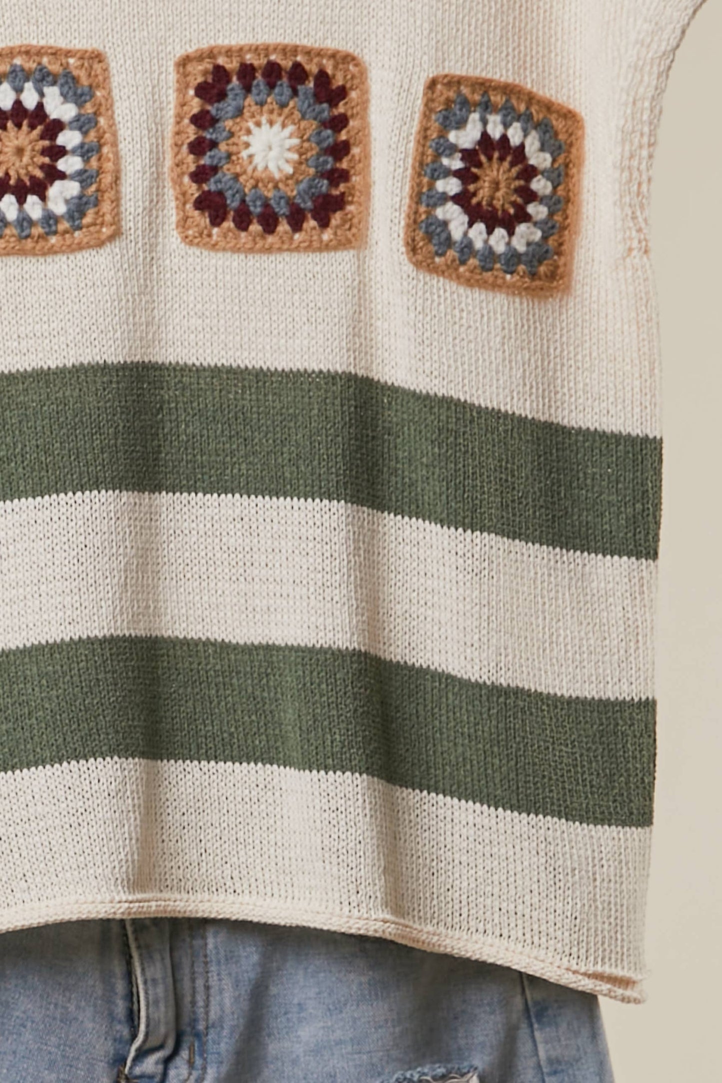 Granny Square Cropped Sweater with Stripes