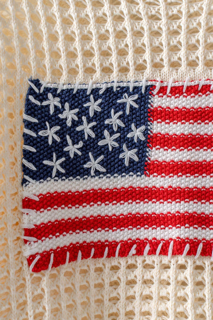 American Flag Patch Open Knit Cotton Sweater