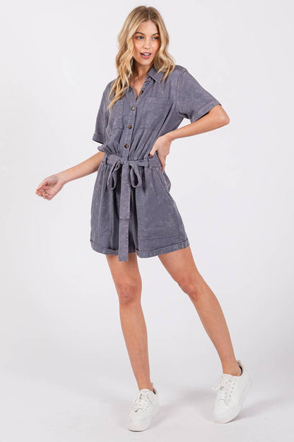 MINERAL WASHED TIE WAIST OVERALL ROMPER