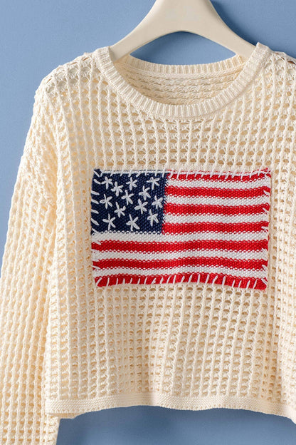 American Flag Patch Open Knit Cotton Sweater