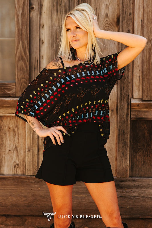 Retro Cowboy Boots Printed Mesh Shirt